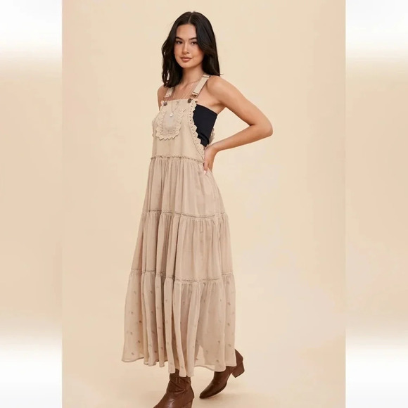 Khaki Embroidered Skirtall Overall Jumper Midi Dress - Picture 2 of 5